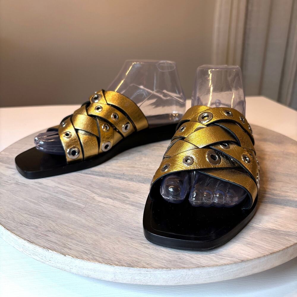 Rag & Bone Women's Sandals 8 Gold Leather Hartley Metallic Grommet Woven Slide